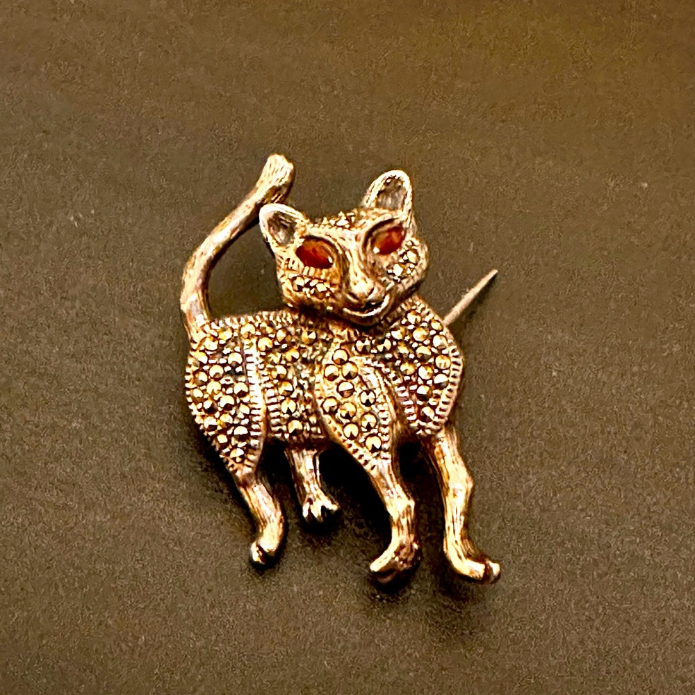 Marcasite and 925 Silver Cat Brooch